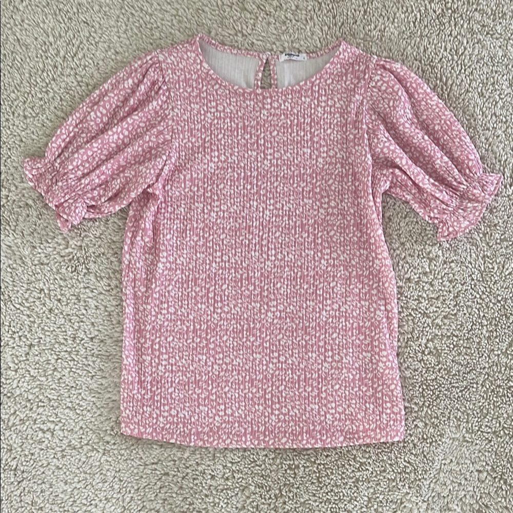 Zeagoo Pink Textured floral Puff Sleeve Blouse